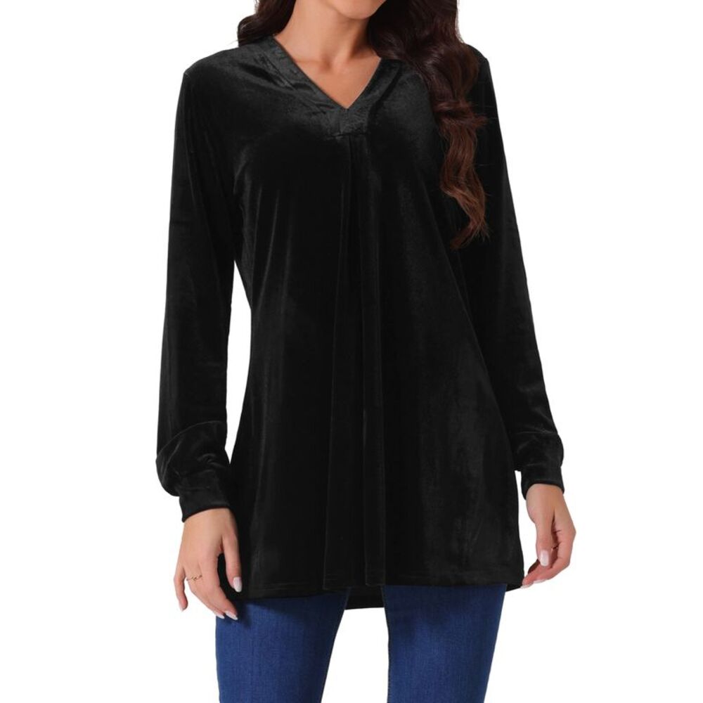 Velvet Top V Neck Long Sleeves Solid Casual Tunic Blouse T-Shirt Black